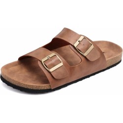 Mens Sandals,Beach Slides Cork Footbed Slippers with Adjustable Buckle Straps